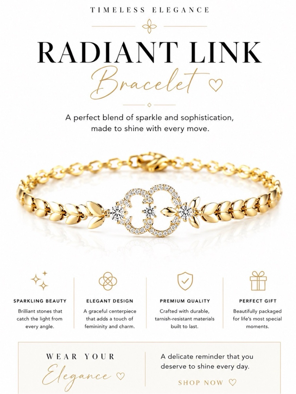 RADIANT LINK ELEGANT FASHION GOLD TONE BRACELET